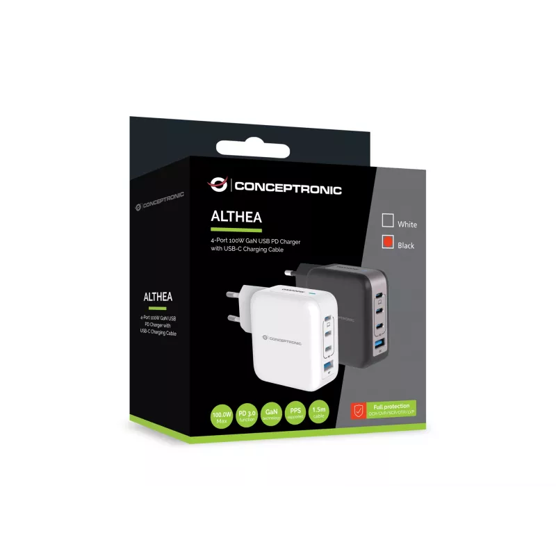 Cargador Conceptronic 4 puertos 100W GaN USB PD con cable de carga USB-C, USB-C x 3, USB-A x 1, QC 3.0, PPS