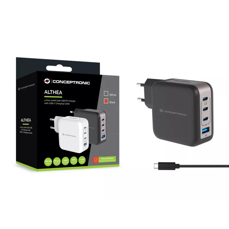 Cargador Conceptronic 4 puertos 100W GaN USB PD con cable de carga USB-C, USB-C x 3, USB-A x 1, QC 3.0, PPS