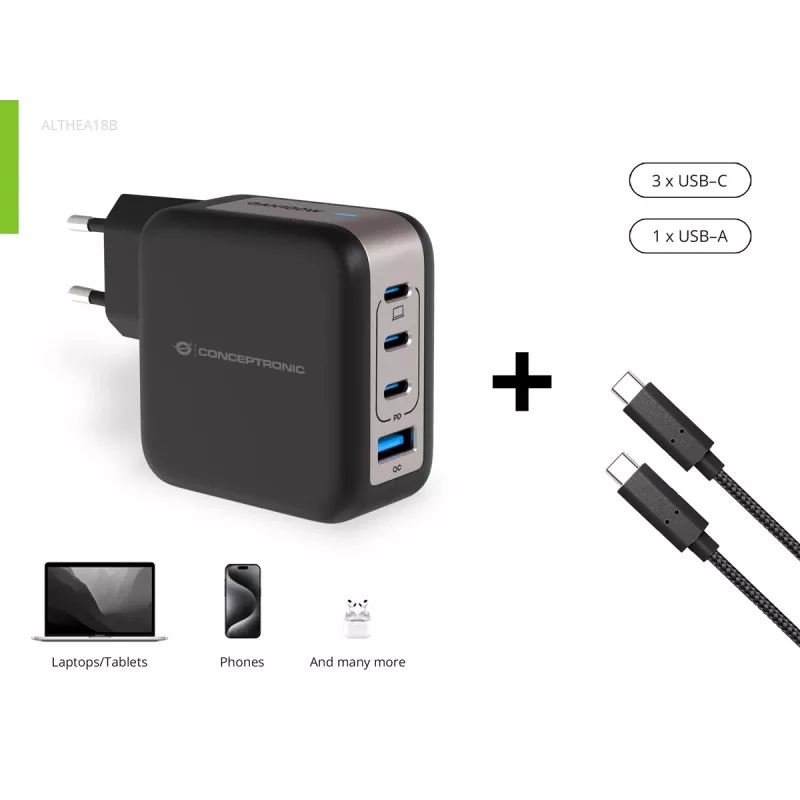 Cargador Conceptronic 4 puertos 100W GaN USB PD con cable de carga USB-C, USB-C x 3, USB-A x 1, QC 3.0, PPS