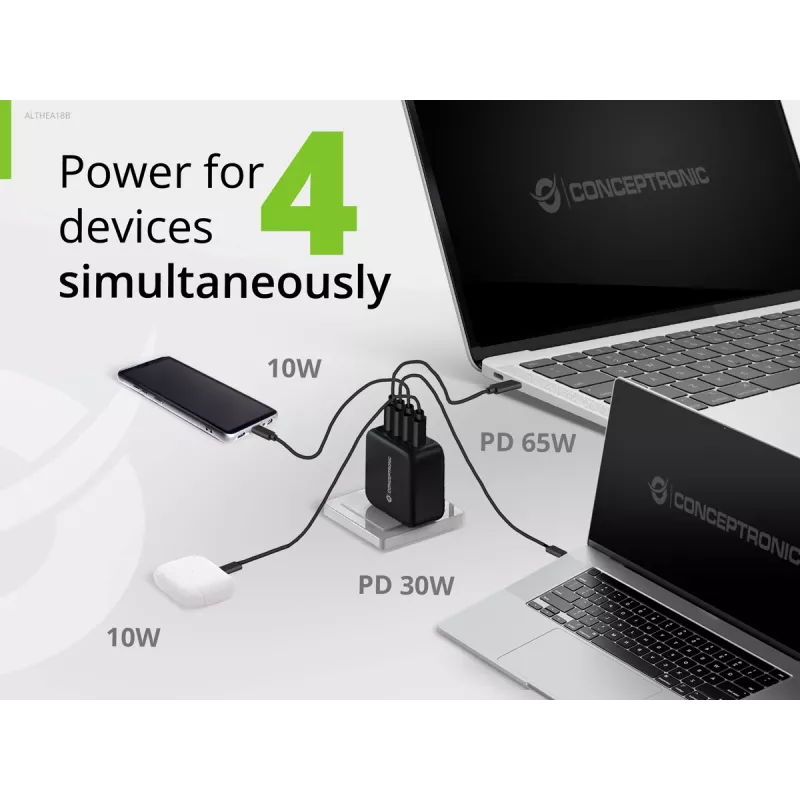 Cargador Conceptronic 4 puertos 100W GaN USB PD con cable de carga USB-C, USB-C x 3, USB-A x 1, QC 3.0, PPS