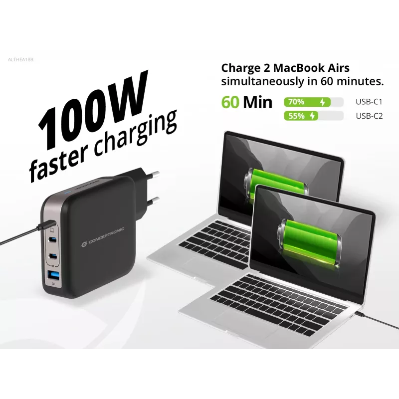 Cargador Conceptronic 4 puertos 100W GaN USB PD con cable de carga USB-C, USB-C x 3, USB-A x 1, QC 3.0, PPS