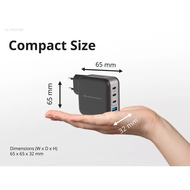 Cargador Conceptronic 4 puertos 100W GaN USB PD con cable de carga USB-C, USB-C x 3, USB-A x 1, QC 3.0, PPS