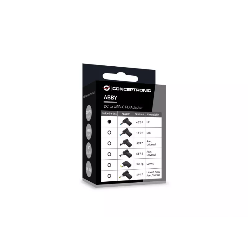 Adaptador DC a USB-C Conceptronic ABBY15PC01, HP 4,5x3,0 mm, 18-20V