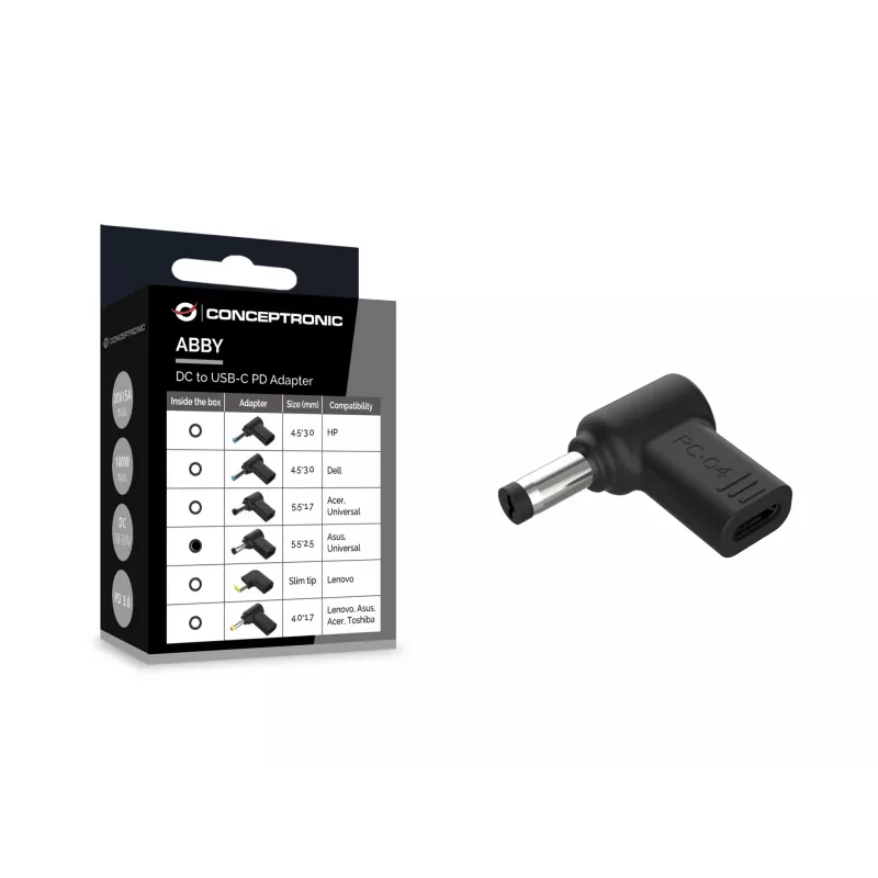 Adaptador DC a USB-C Conceptronic ABBY15PC04, Asus/Universal 5,5x2,5mm, 18–20V