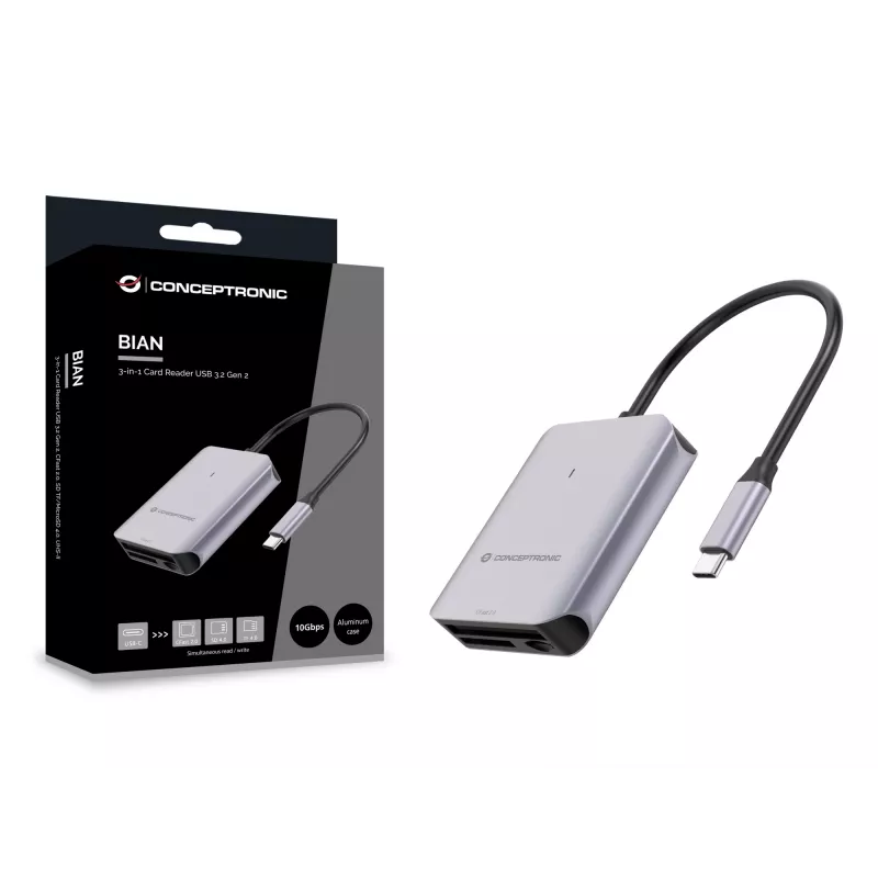 Lector de tarjetas 3en1 Conceptronic BIAN09G USB 3.2 Gen 2, CFast 2.0, SD TF/MicroSD 4.0, UHS-II