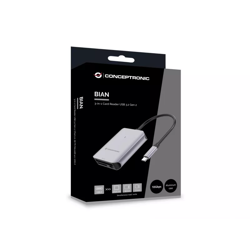 Lector de tarjetas 3en1 Conceptronic BIAN09G USB 3.2 Gen 2, CFast 2.0, SD TF/MicroSD 4.0, UHS-II