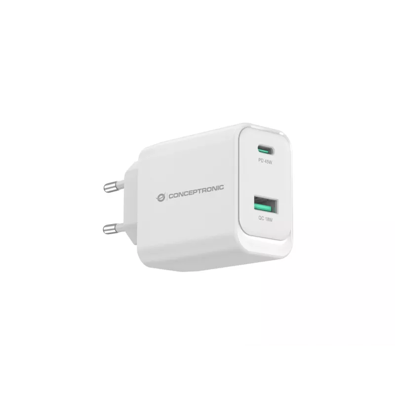Cargador Conceptronic ALTHEA20W45 2 puertos 45W GaN USB PD, USB-C x 1, USB-A x 1, QC 3.0, PPS, PD 3.0
