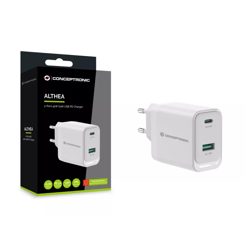 Cargador Conceptronic ALTHEA20W45 2 puertos 45W GaN USB PD, USB-C x 1, USB-A x 1, QC 3.0, PPS, PD 3.0
