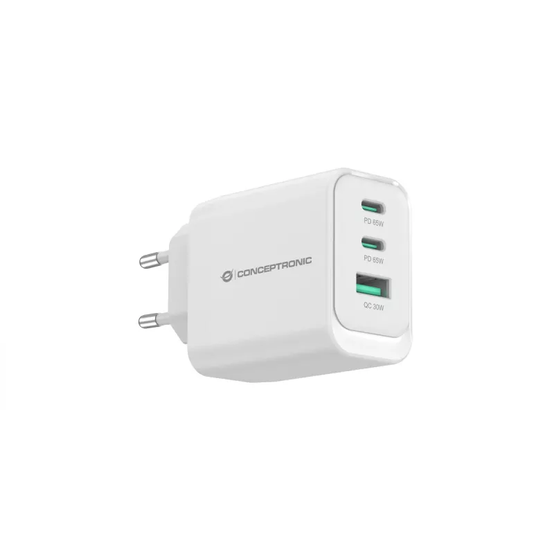 Conceptronic ALTHEA21W65 cargador GaN USB PD de 3 puertos 65W, USB-C x 2, USB-A x 1, QC 3.0, PPS, PD 3.0