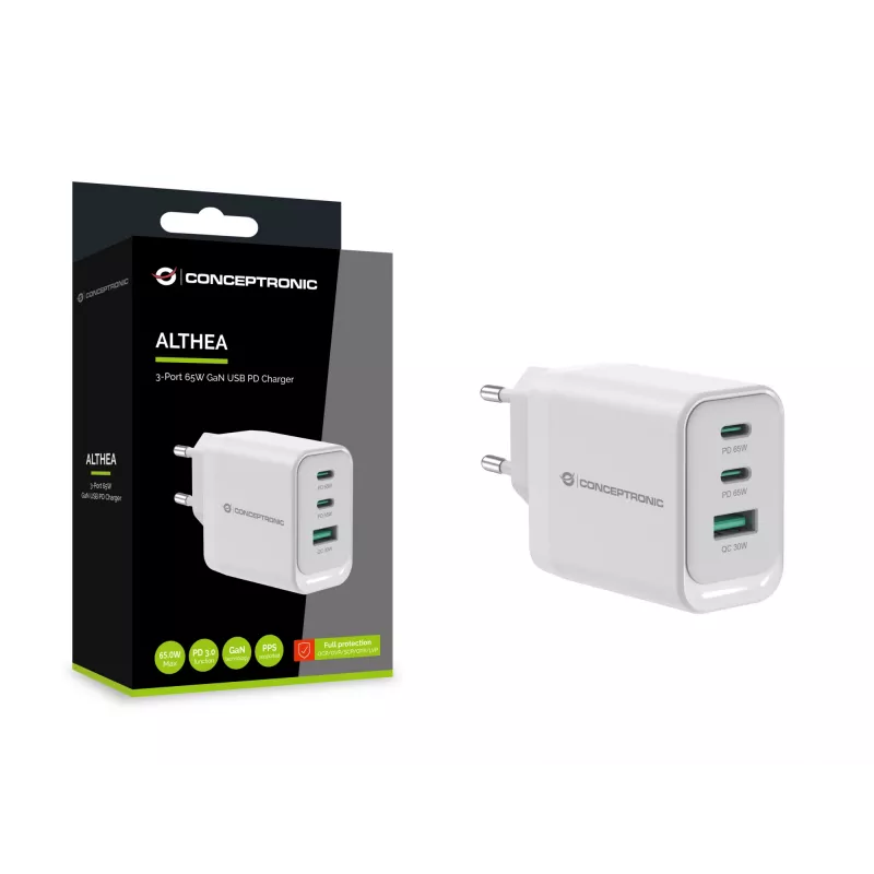 Conceptronic ALTHEA21W65 cargador GaN USB PD de 3 puertos 65W, USB-C x 2, USB-A x 1, QC 3.0, PPS, PD 3.0