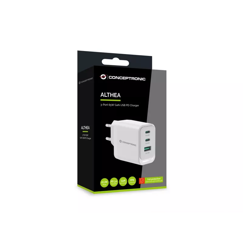 Conceptronic ALTHEA21W65 cargador GaN USB PD de 3 puertos 65W, USB-C x 2, USB-A x 1, QC 3.0, PPS, PD 3.0