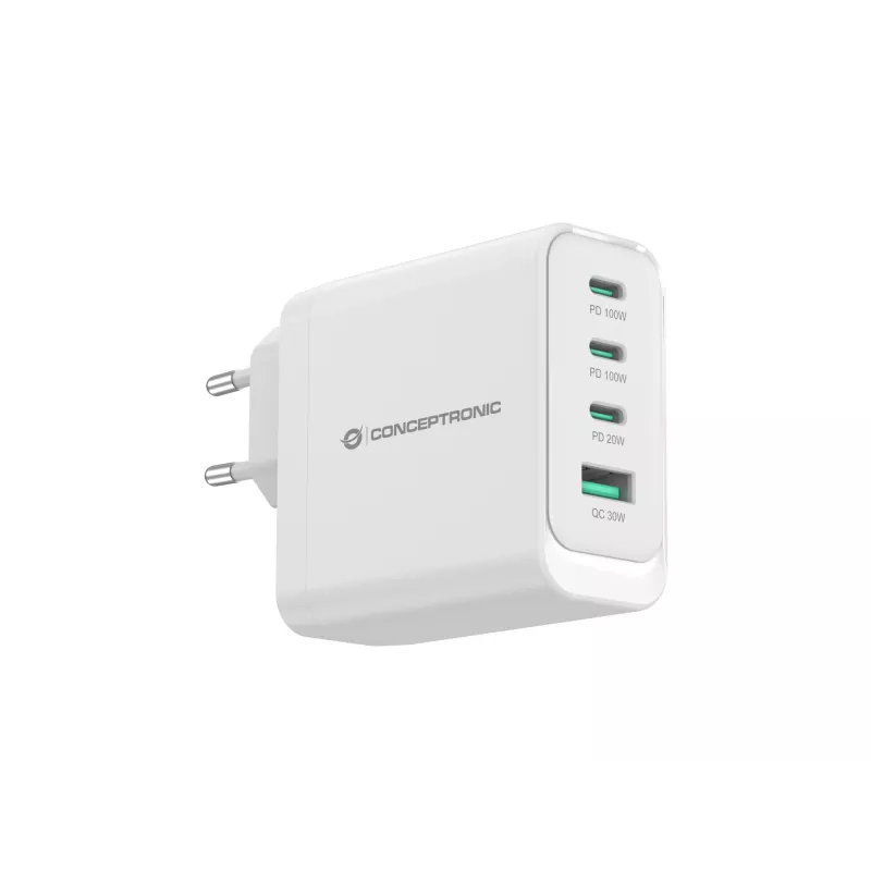 Conceptronic ALTHEA22W100 cargador GaN USB PD de 4 puertos 100W, USB-C x 3, USB-A x 1, QC 3.0, PPS, PD 3.0