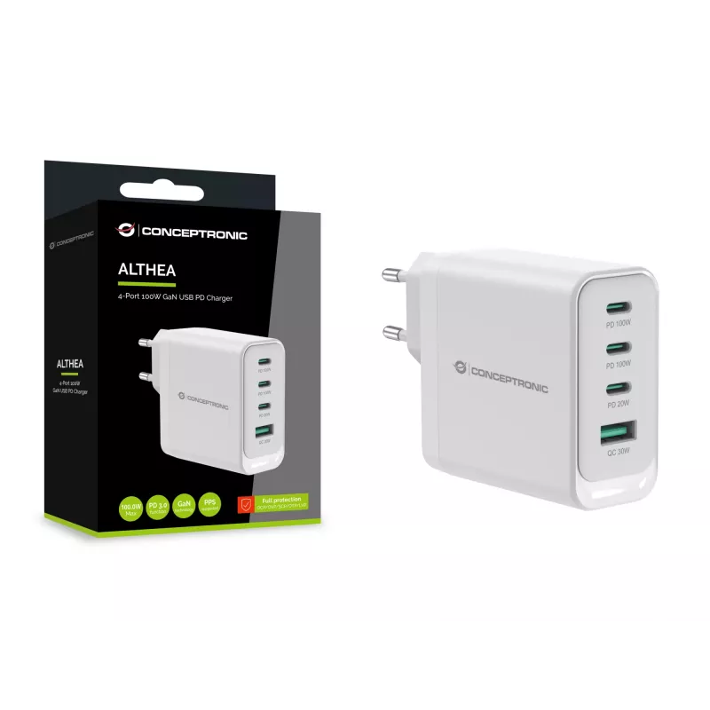 Conceptronic ALTHEA22W100 cargador GaN USB PD de 4 puertos 100W, USB-C x 3, USB-A x 1, QC 3.0, PPS, PD 3.0