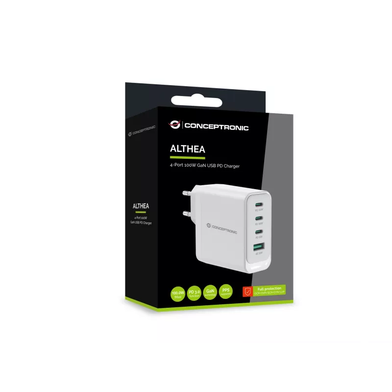 Conceptronic ALTHEA22W100 cargador GaN USB PD de 4 puertos 100W, USB-C x 3, USB-A x 1, QC 3.0, PPS, PD 3.0