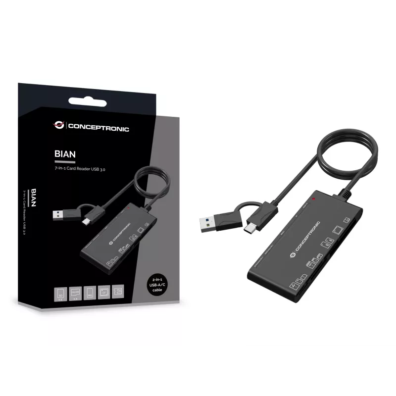 Lector de tarjetas 7 en 1 CONCEPTRONIC BIAN10B — USB 3.2 Gen 1 Type-A/Type-C, CF/MMC/MS/SD/MicroSD/xD, negro