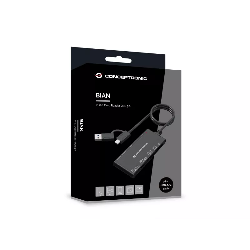 Lector de tarjetas 7 en 1 CONCEPTRONIC BIAN10B — USB 3.2 Gen 1 Type-A/Type-C, CF/MMC/MS/SD/MicroSD/xD, negro