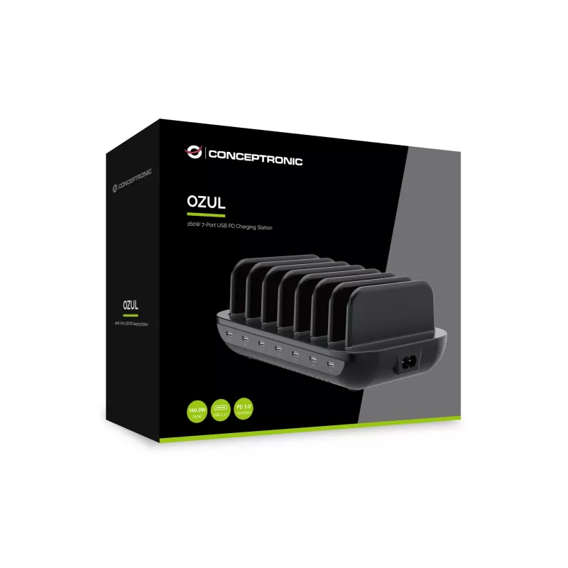 Conceptronic OZUL07B estación de carga USB PD de 7 puertos 160W, USB-C x 7, PD 3.0