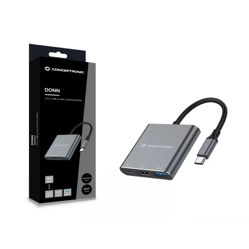 Conceptronic DONN18G estación de acoplamiento 3 en 1 USB 3.2 Gen 1, HDMI, USB 3.0, 100W USB PD