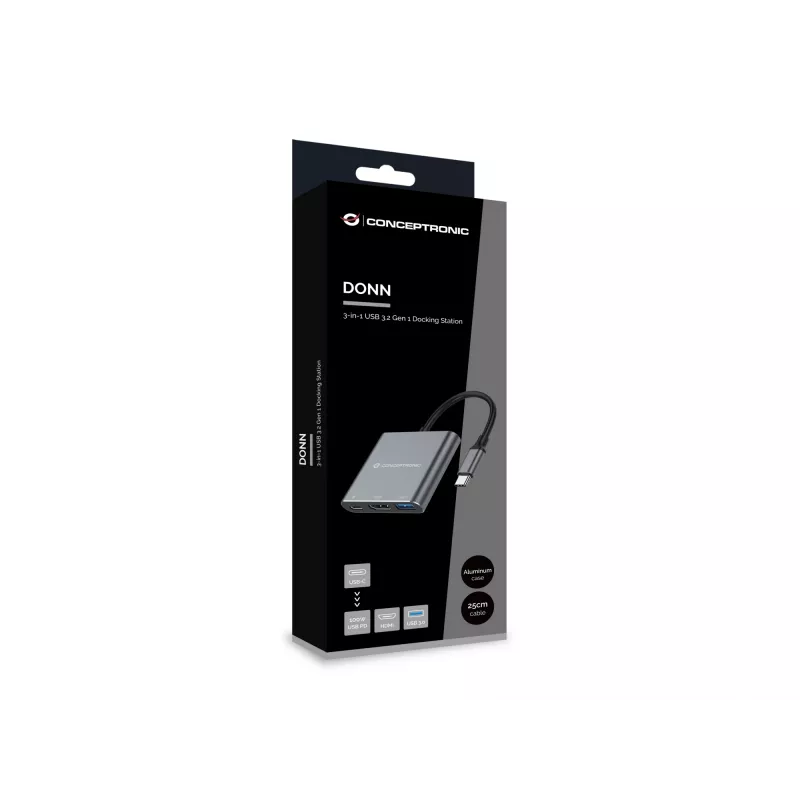 Conceptronic DONN18G estación de acoplamiento 3 en 1 USB 3.2 Gen 1, HDMI, USB 3.0, 100W USB PD