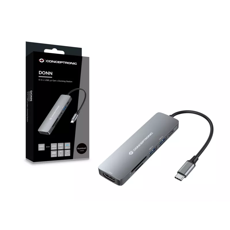 Conceptronic DONN11G estación de acoplamiento 6 en 1 USB 3.2 Gen 1, HDMI, 100W USB PD, USB 3.0, USB 2.0, SD, TF/MicroSD