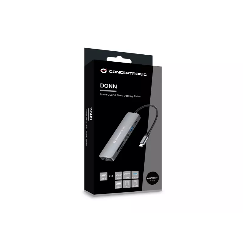 Conceptronic DONN11G estación de acoplamiento 6 en 1 USB 3.2 Gen 1, HDMI, 100W USB PD, USB 3.0, USB 2.0, SD, TF/MicroSD