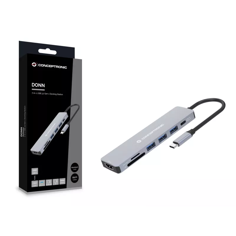 Conceptronic DONN19G estación de acoplamiento 7 en 1 USB 3.2 Gen 1, HDMI, USB-A 3.0 x 3, SD, TF/MicroSD, 100W USB PD