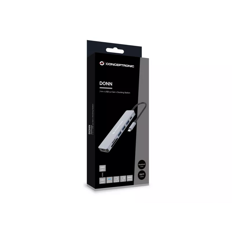 Conceptronic DONN19G estación de acoplamiento 7 en 1 USB 3.2 Gen 1, HDMI, USB-A 3.0 x 3, SD, TF/MicroSD, 100W USB PD