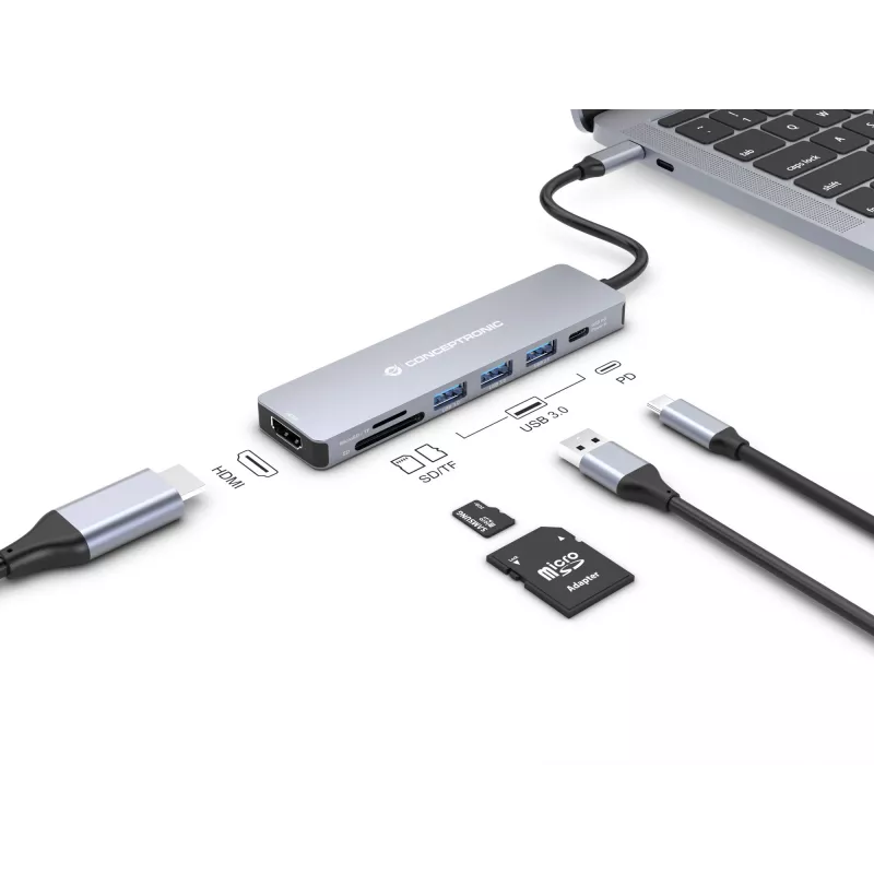 Conceptronic DONN19G estación de acoplamiento 7 en 1 USB 3.2 Gen 1, HDMI, USB-A 3.0 x 3, SD, TF/MicroSD, 100W USB PD