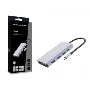 Conceptronic DONN20G estación de acoplamiento 10 en 1 USB 3.2 Gen 1, HDMI, VGA, USB-A 3.0 x 3, SD, TF/MicroSD, Audio, GbE LAN, 100W USB PD