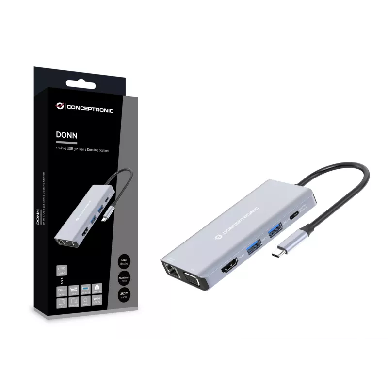 Conceptronic DONN20G estación de acoplamiento 10 en 1 USB 3.2 Gen 1, HDMI, VGA, USB-A 3.0 x 3, SD, TF/MicroSD, Audio, GbE LAN, 100W USB PD