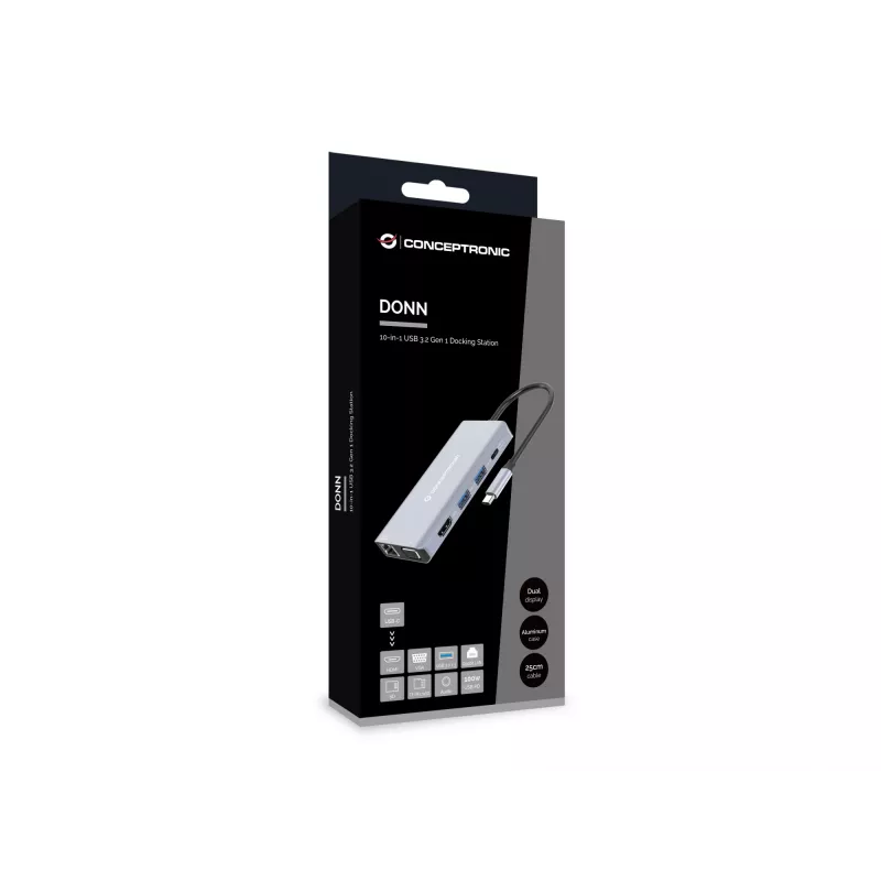 Conceptronic DONN20G estación de acoplamiento 10 en 1 USB 3.2 Gen 1, HDMI, VGA, USB-A 3.0 x 3, SD, TF/MicroSD, Audio, GbE LAN, 100W USB PD