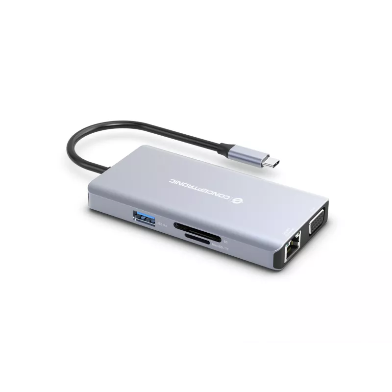Conceptronic DONN20G estación de acoplamiento 10 en 1 USB 3.2 Gen 1, HDMI, VGA, USB-A 3.0 x 3, SD, TF/MicroSD, Audio, GbE LAN, 100W USB PD