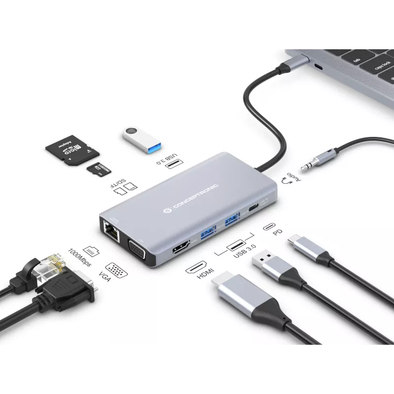 Conceptronic DONN20G estación de acoplamiento 10 en 1 USB 3.2 Gen 1, HDMI, VGA, USB-A 3.0 x 3, SD, TF/MicroSD, Audio, GbE LAN, 100W USB PD
