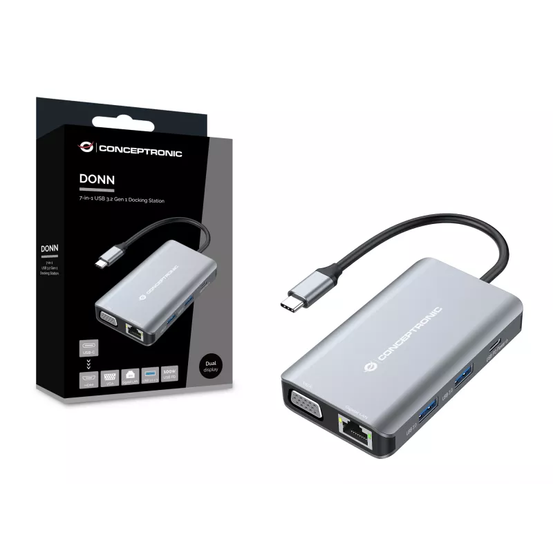 Conceptronic DONN21G dock para portátil/replicador de puertos con cable USB 3.2 Gen 1 (3.1 Gen 1) Type-C gris