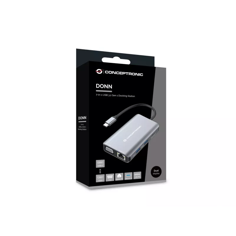 Conceptronic DONN21G dock para portátil/replicador de puertos con cable USB 3.2 Gen 1 (3.1 Gen 1) Type-C gris
