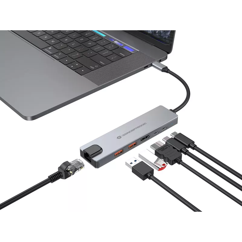 Conceptronic DONN29G estación de acoplamiento 6 en 1 USB 3.2 Gen 2, 4K60Hz HDMI, USB-A 10Gbps x 2, USB-C 10Gbps, GbE LAN, 140W USB PD 3.1