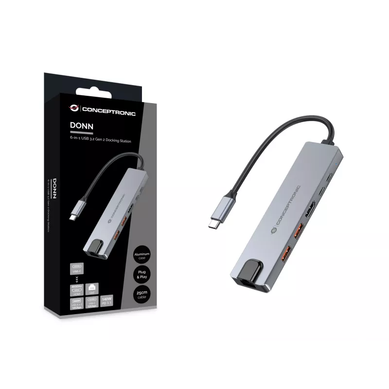 Conceptronic DONN29G estación de acoplamiento 6 en 1 USB 3.2 Gen 2, 4K60Hz HDMI, USB-A 10Gbps x 2, USB-C 10Gbps, GbE LAN, 140W USB PD 3.1