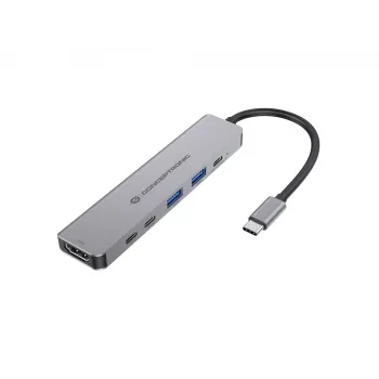 Estación de acoplamiento 6 en 1 USB 3.2 Gen 1 CONCEPTRONIC DONN33G HDMI, 2×USB-A 5Gbps, 2×USB-C 5Gbps, 100W USB PD, Plata
