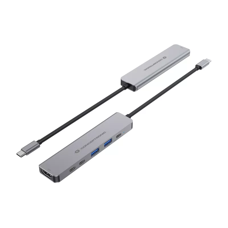 Estación de acoplamiento 6 en 1 USB 3.2 Gen 1 CONCEPTRONIC DONN33G HDMI, 2×USB-A 5Gbps, 2×USB-C 5Gbps, 100W USB PD, Plata