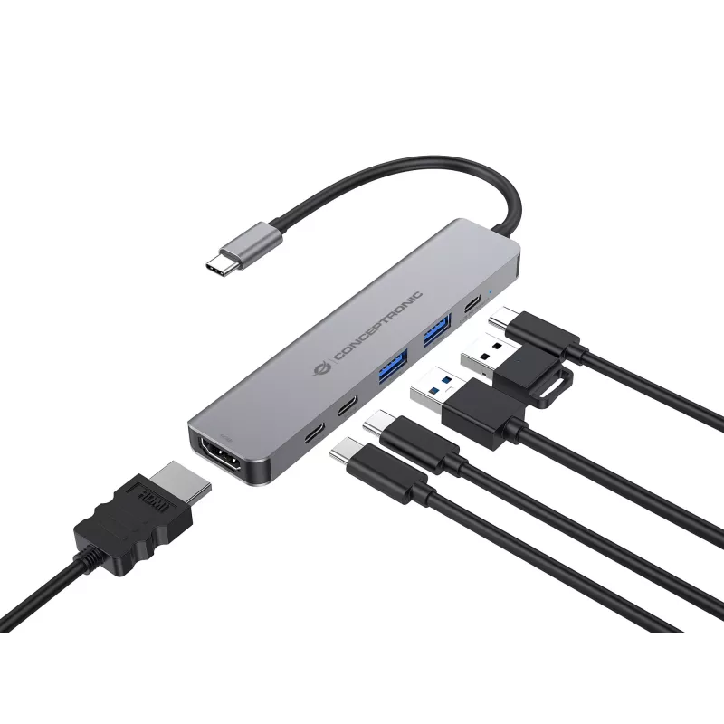 Estación de acoplamiento 6 en 1 USB 3.2 Gen 1 CONCEPTRONIC DONN33G HDMI, 2×USB-A 5Gbps, 2×USB-C 5Gbps, 100W USB PD, Plata
