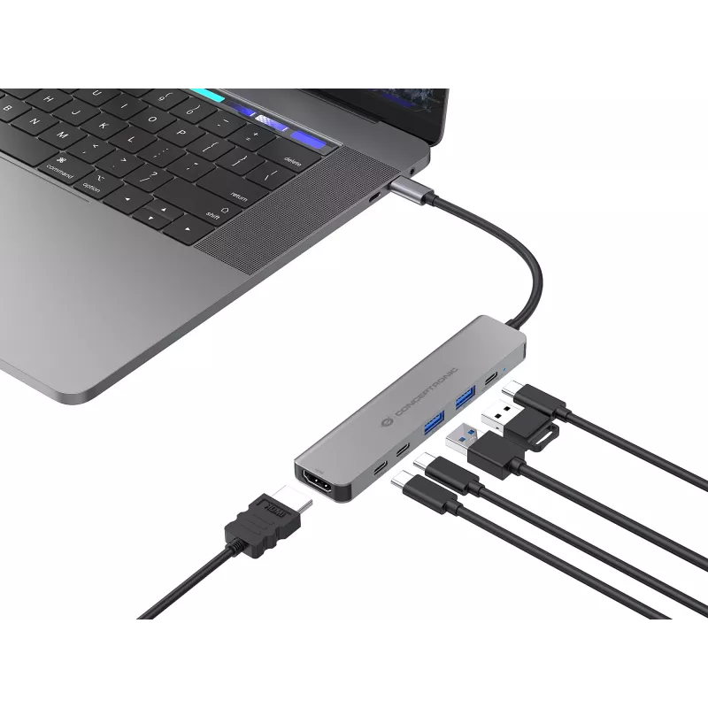 Estación de acoplamiento 6 en 1 USB 3.2 Gen 1 CONCEPTRONIC DONN33G HDMI, 2×USB-A 5Gbps, 2×USB-C 5Gbps, 100W USB PD, Plata
