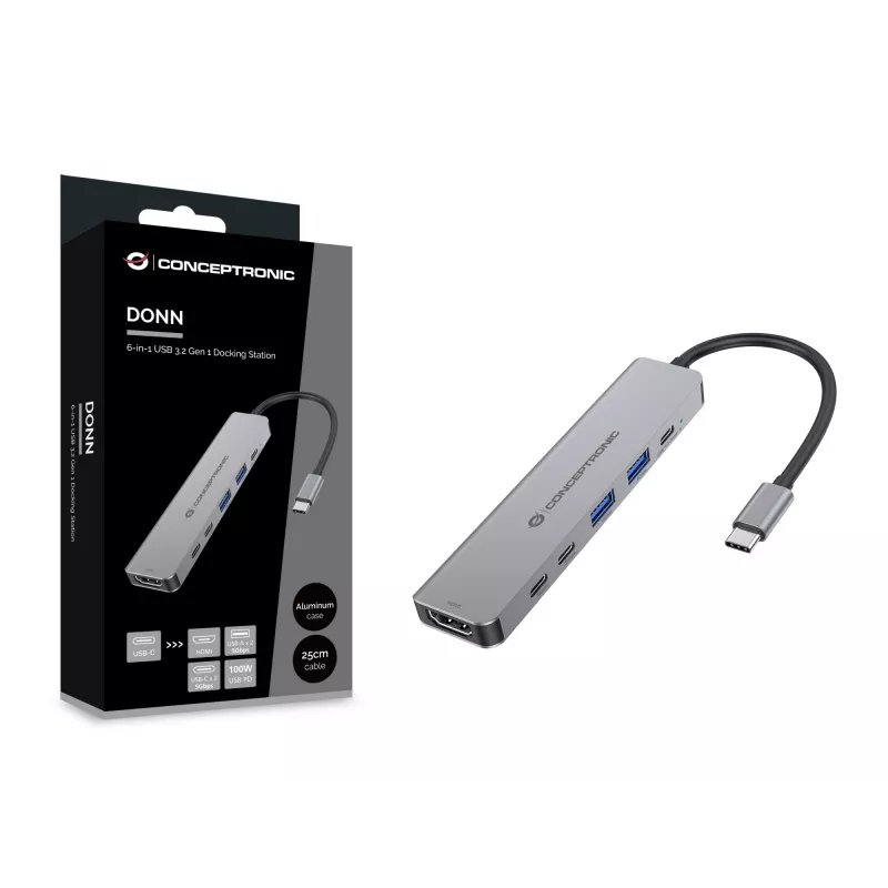 Estación de acoplamiento 6 en 1 USB 3.2 Gen 1 CONCEPTRONIC DONN33G HDMI, 2×USB-A 5Gbps, 2×USB-C 5Gbps, 100W USB PD, Plata