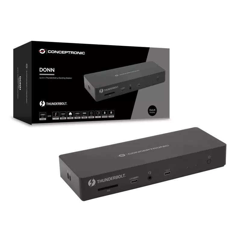 Conceptronic DONN30B base de conexión Thunderbolt 4 13 en 1, 40 Gbit/s, 96 W, HDMI, 2x USB-A, USB-C, LAN 2,5GbE, lector de tarjetas SD, negra