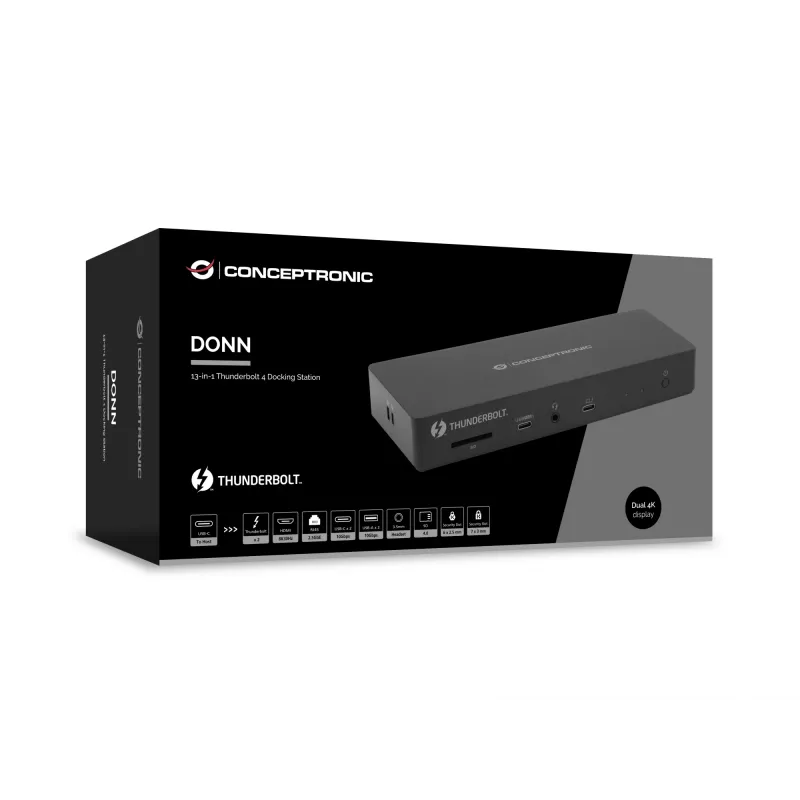 Conceptronic DONN30B base de conexión Thunderbolt 4 13 en 1, 40 Gbit/s, 96 W, HDMI, 2x USB-A, USB-C, LAN 2,5GbE, lector de tarjetas SD, negra