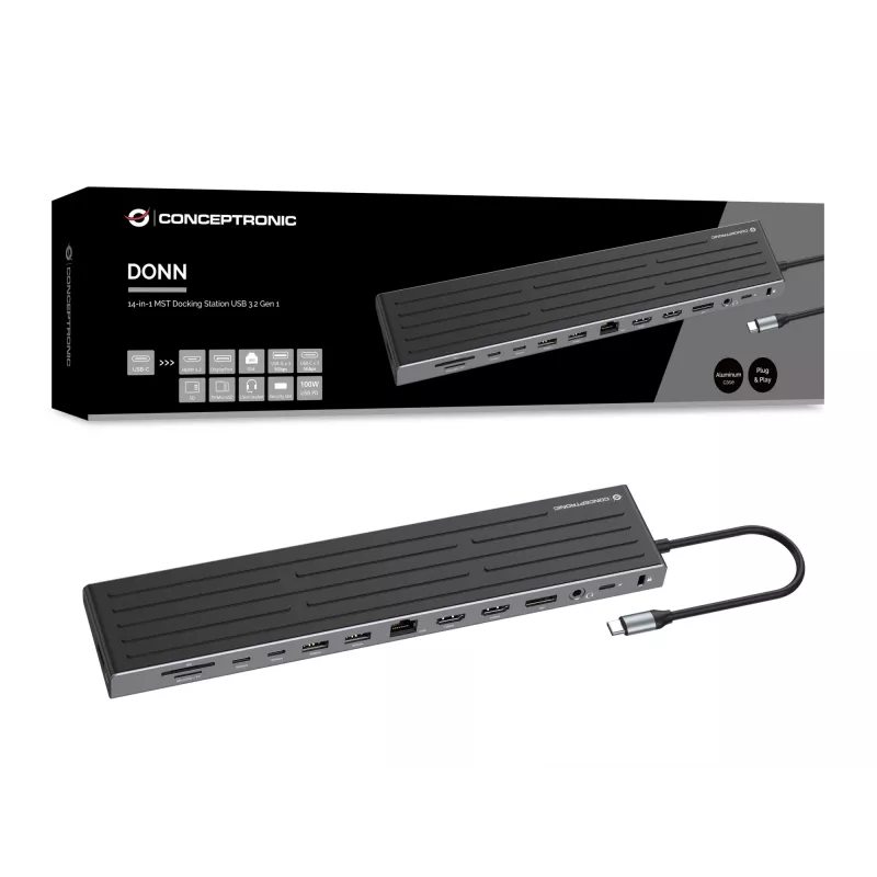 Estación de acoplamiento Conceptronic DONN32B 14 en 1 USB 3.2 Gen 1 HDMI DP