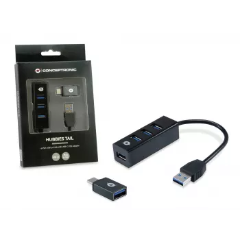 Hub USB Conceptronic HUBBIES hub USB 3.0 de 4 puertos con adaptador USB-C OTG