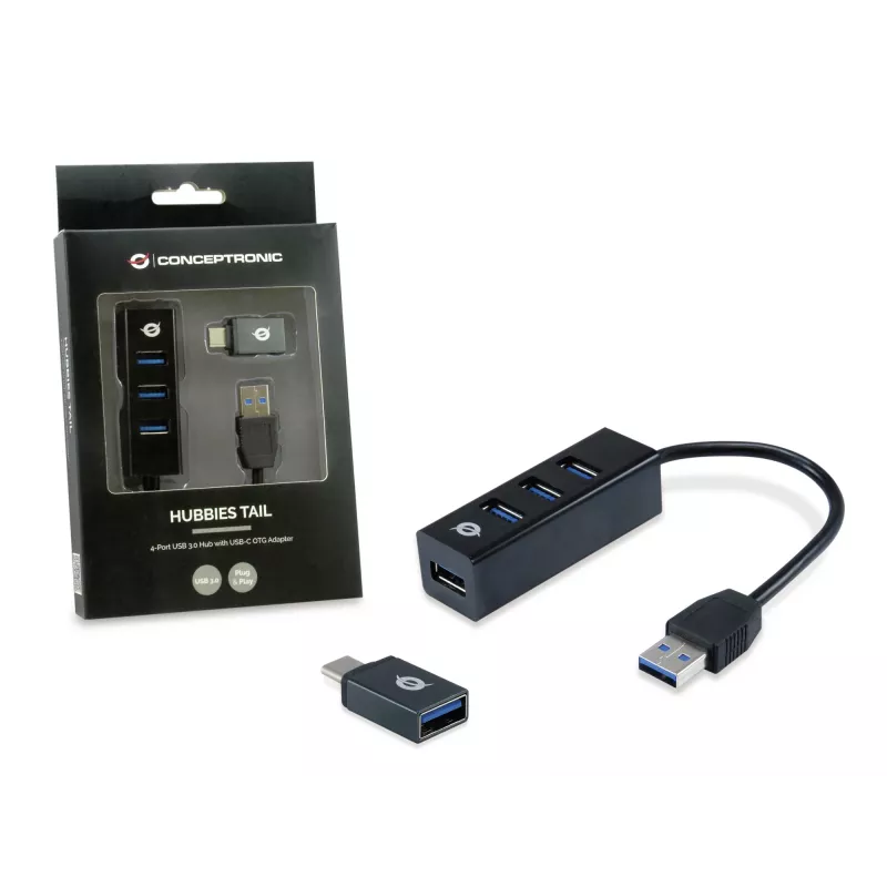 Hub USB Conceptronic HUBBIES hub USB 3.0 de 4 puertos con adaptador USB-C OTG