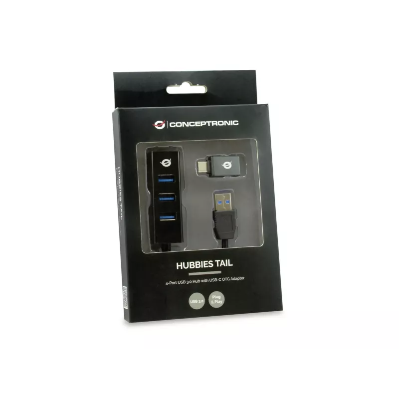 Hub USB Conceptronic HUBBIES hub USB 3.0 de 4 puertos con adaptador USB-C OTG