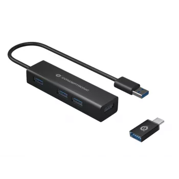 Conceptronic hub de aluminio USB 3.0 de 4 puertos con adaptador USB-C a USB-A