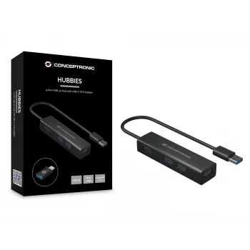 Conceptronic hub de aluminio USB 3.0 de 4 puertos con adaptador USB-C a USB-A